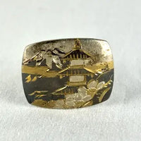 Vintage Japanese Oxidized Silver Cufflinks and Tie Clip with Etched Landscape Scene