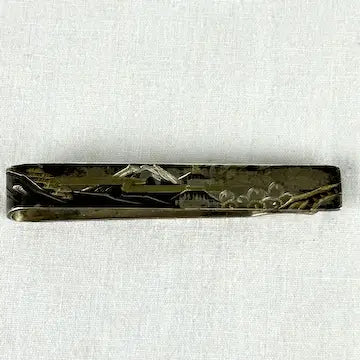 Vintage Japanese Oxidized Silver Cufflinks and Tie Clip with Etched Landscape Scene