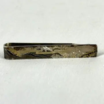 Vintage Japanese Oxidized Silver Cufflinks and Tie Clip with Etched Landscape Scene