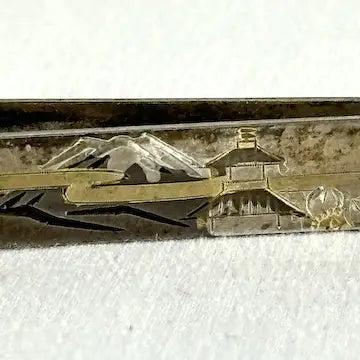 Vintage Japanese Oxidized Silver Cufflinks and Tie Clip with Etched Landscape Scene