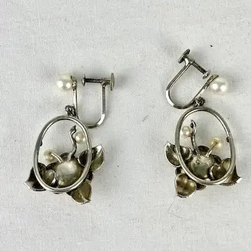 Vintage Japanese Sakata Silver and Cultured Pearl Earrings