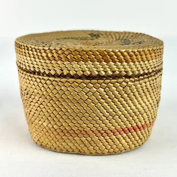 Vintage Miniature Hand Woven Nootka Basket with Canoes