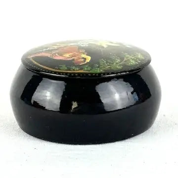 Vintage Miniature Round Palekh Russian Lacquered Box