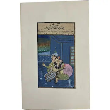 Vintage Moghul Miniature Indian Painting of Lovers on an Illuminated Manuscript