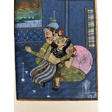 Vintage Moghul Miniature Indian Painting of Lovers on an Illuminated Manuscript