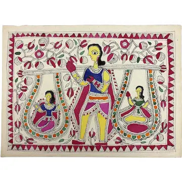 Vintage Mudhubani Folk Art Painting of Woman Carrying Two Seated Women