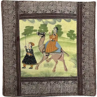 Vintage Mughal Painting on Silk Sewn into a Pillow Case