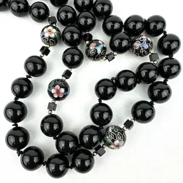 Vintage Onyx and Cloisonné Beaded Necklace