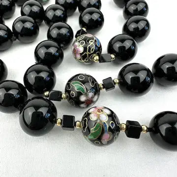 Vintage Onyx and Cloisonné Beaded Necklace