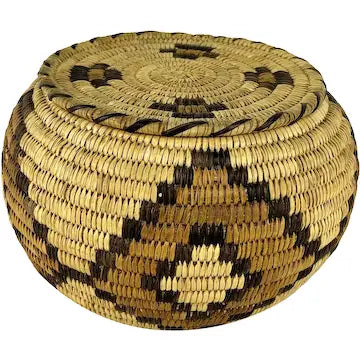 Vintage Tohono Oodham Hand Woven Lidded Basket with Geometric Design