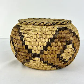 Vintage Tohono Oodham Hand Woven Lidded Basket with Geometric Design