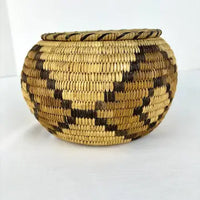 Vintage Tohono Oodham Hand Woven Lidded Basket with Geometric Design