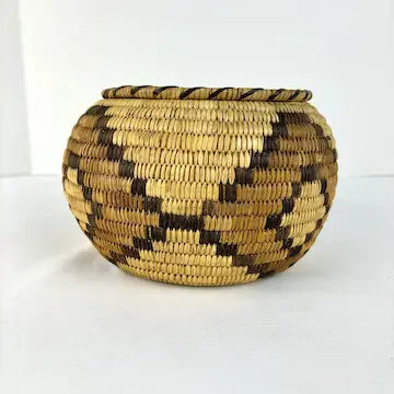 Vintage Tohono Oodham Hand Woven Lidded Basket with Geometric Design