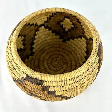 Vintage Tohono Oodham Hand Woven Lidded Basket with Geometric Design