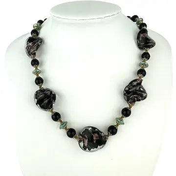 Vintage Venetian Glass Bead Necklace with Aventurine Twisted Flat Beads