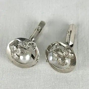 Vintage Japanese Sterling Silver Round Cufflinks with Pearls