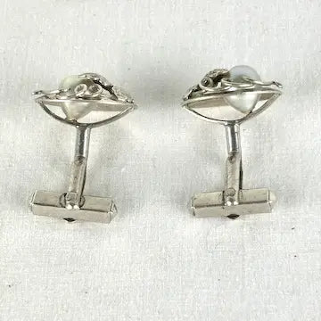 Vintage Japanese Sterling Silver Round Cufflinks with Pearls