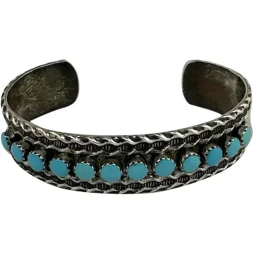 Vintage Zuni Petit Point Turquoise and Sterling Cuff