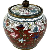 Antique Japanese White and Red Cloisonne Footed Jar