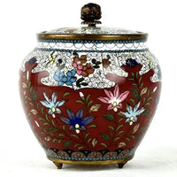 Antique Japanese White and Red Cloisonne Footed Jar