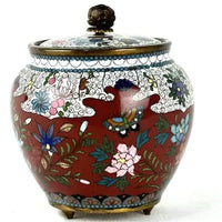 Antique Japanese White and Red Cloisonne Footed Jar