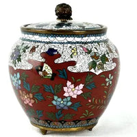 Antique Japanese White and Red Cloisonne Footed Jar