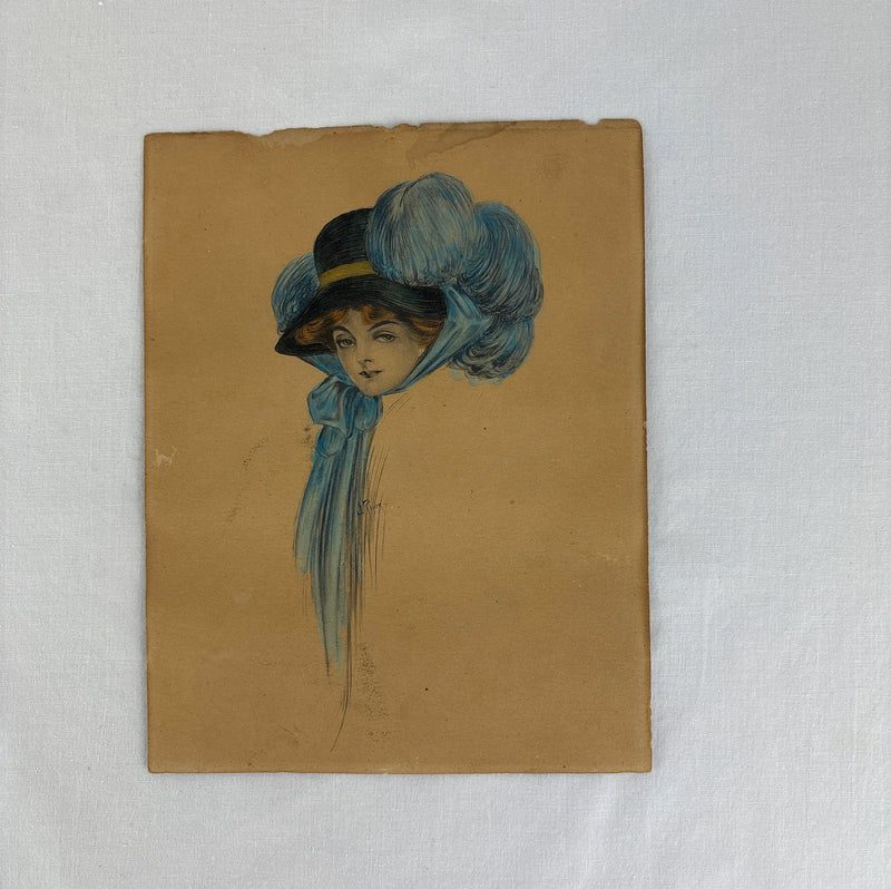 J. Royer Original Illustration Artwork of Victorian Lady with Plumed Hat