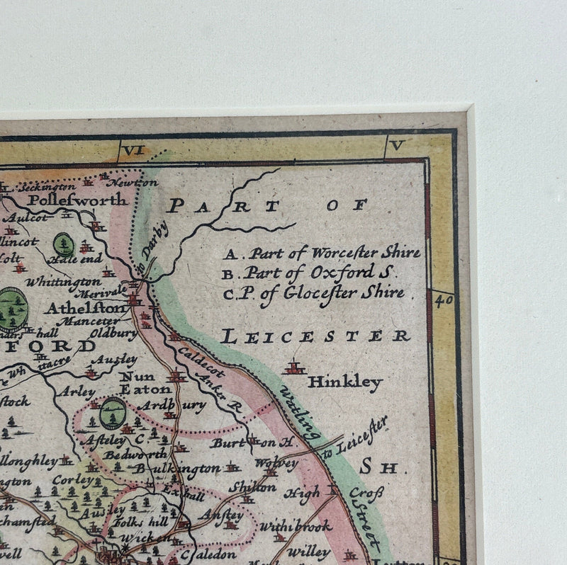 Antique Rob Morden Hand Colored Map Warwickshire England