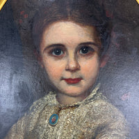 Folk Art Antique Oil Painting - Portrait of a Young Girl